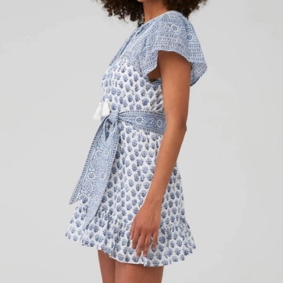 Cleobella Leah Mini Dress Blue White Hydrangea Floral Flutter Sleeve Belt Size M - Picture 5 of 15